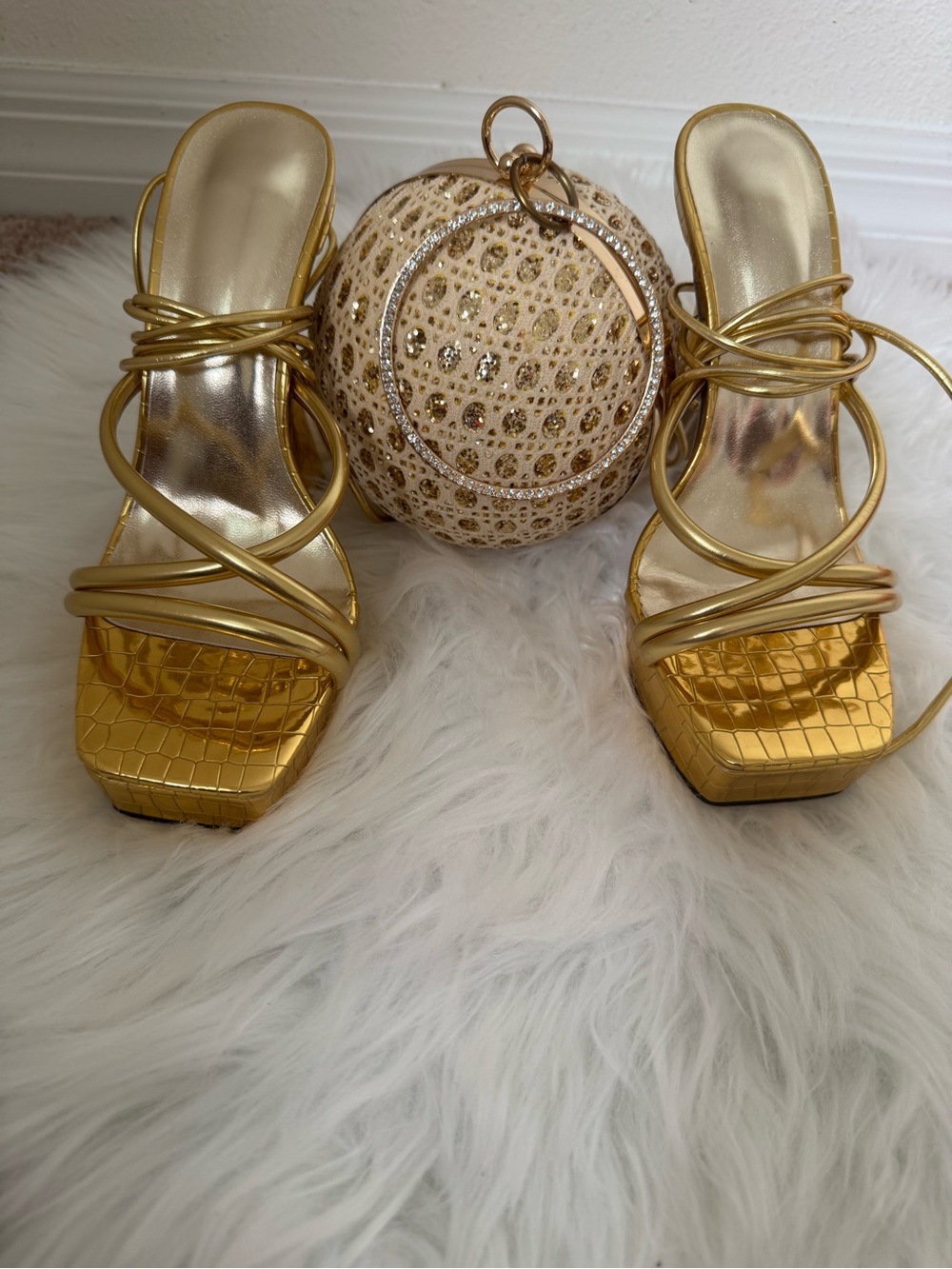 2 set bags and sandals size 8 Metallic Gold Strappy Square-Toe Women's Heels